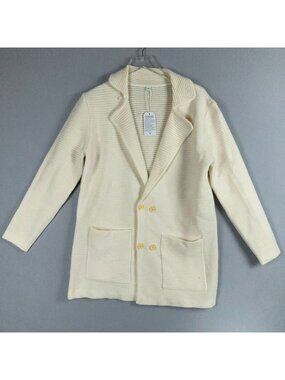 Women Cardigan Size XL Cream Double Breasted Knit Pockets Lapel Collar